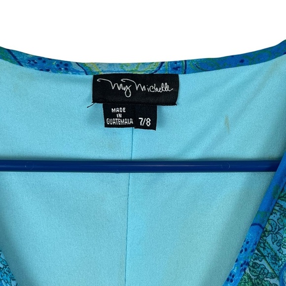 Vtg. Y2K My Michelle Sleeveless Blue Paisley Print Chiffon Midi Dress Sz. 7/8 - Picture 7 of 12